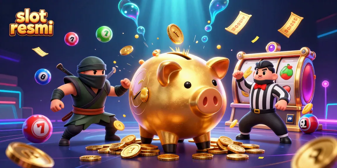 Enter the world of slot resmi with an energetic scene featuring a golden piggy bank sumo wrestler erupting coins.