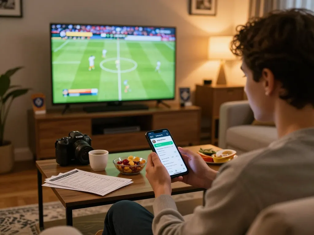 BONGDALU sports bettor using smartphone for live betting while watching a match at home