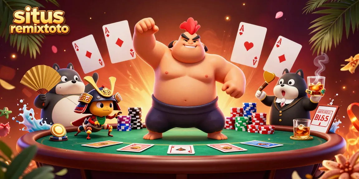 Experience thrilling gameplay at situs remixtoto with vibrant gambling characters around poker elements.