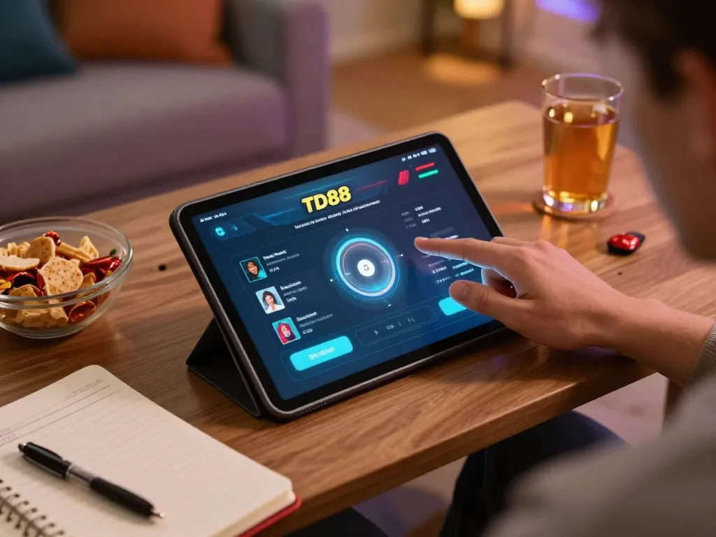 Engaging with the TD88 bet app on a cozy home gaming setup, showcasing a tablet in use.