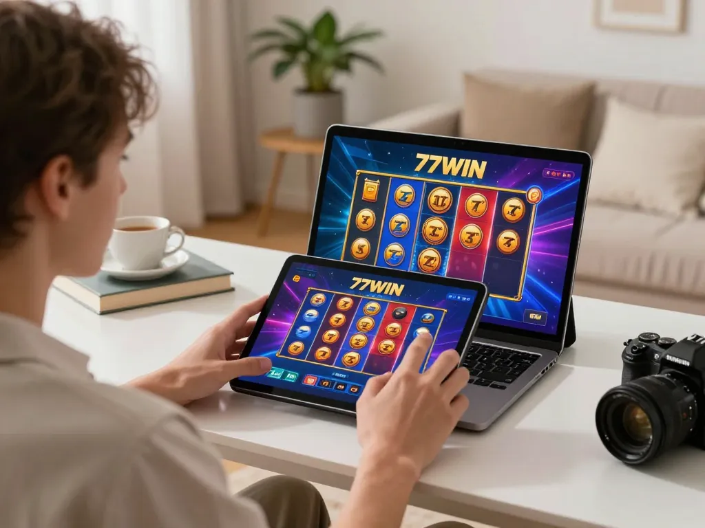 Engaging online casino gameplay on 77WIN with vibrant slot interface and cozy atmosphere