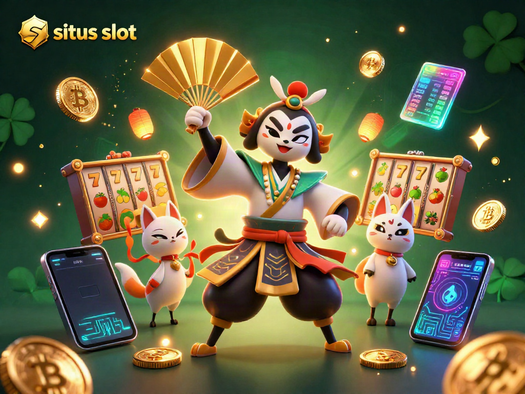 Permainan situs slot dengan karakter 3D kabuki dan simbol jackpot berkilau.