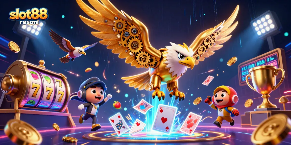 Engage with slot88 resmi, featuring a golden eagle soaring through vibrant slot symbols, reflecting the thrill of casino gaming.