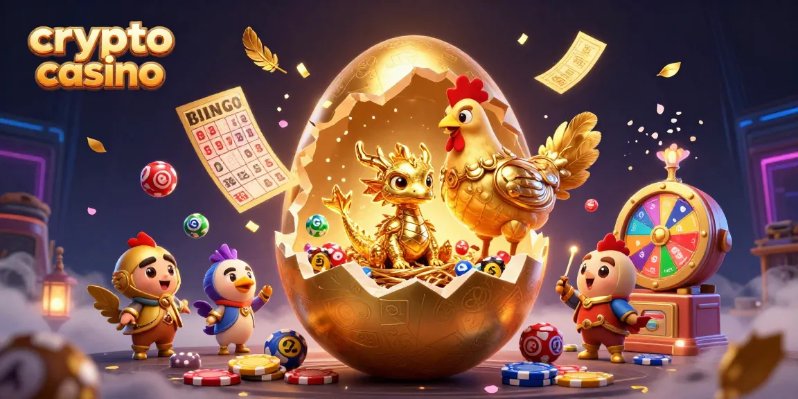 Engage in a vibrant crypto casino scene with a golden dragon surrounded by colorful lottery and gaming elements.