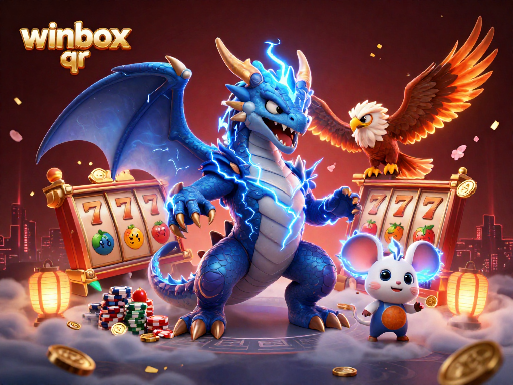 Winbox QR animated scene showcasing exciting slot reels and vibrant casino elements.