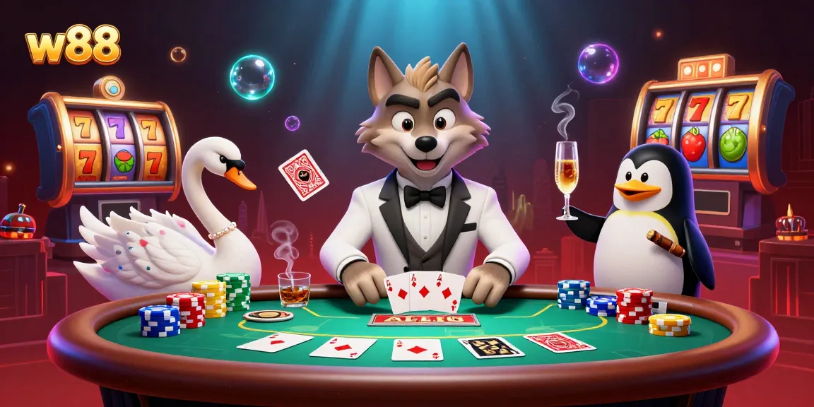 Khám phá w88 với khung cảnh casino sống động cùng các nhân vật hoạt hình 3D như sói và thiên nga.