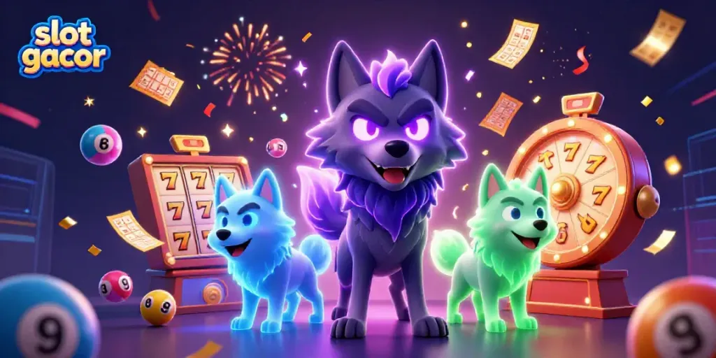 Experience winning moments with "slot gacor" as colorful slot elements and ghostly wolves create a vibrant celebration.