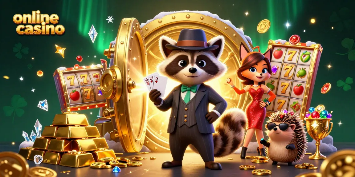 Witness a lively scene at an online casino featuring a suave raccoon, a glamorous fox, and a bouncer hedgehog amidst a wealth of gems and slot elements.