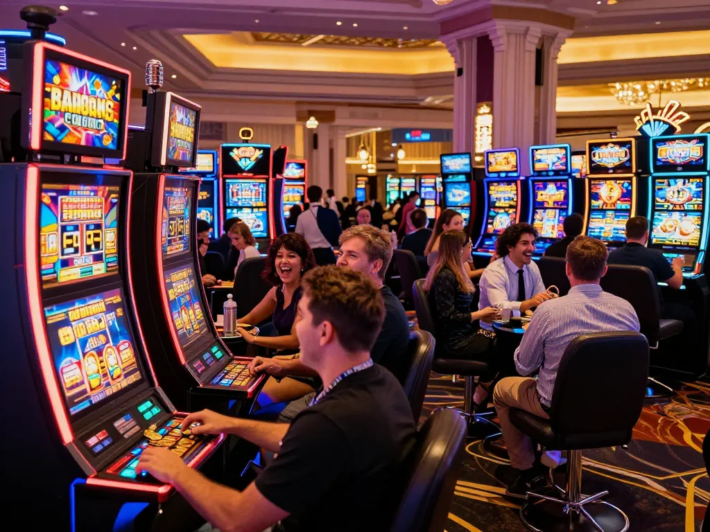 Engaged players celebrating wins at colorful slot machines in a vibrant casino, TT88 excitement prevails