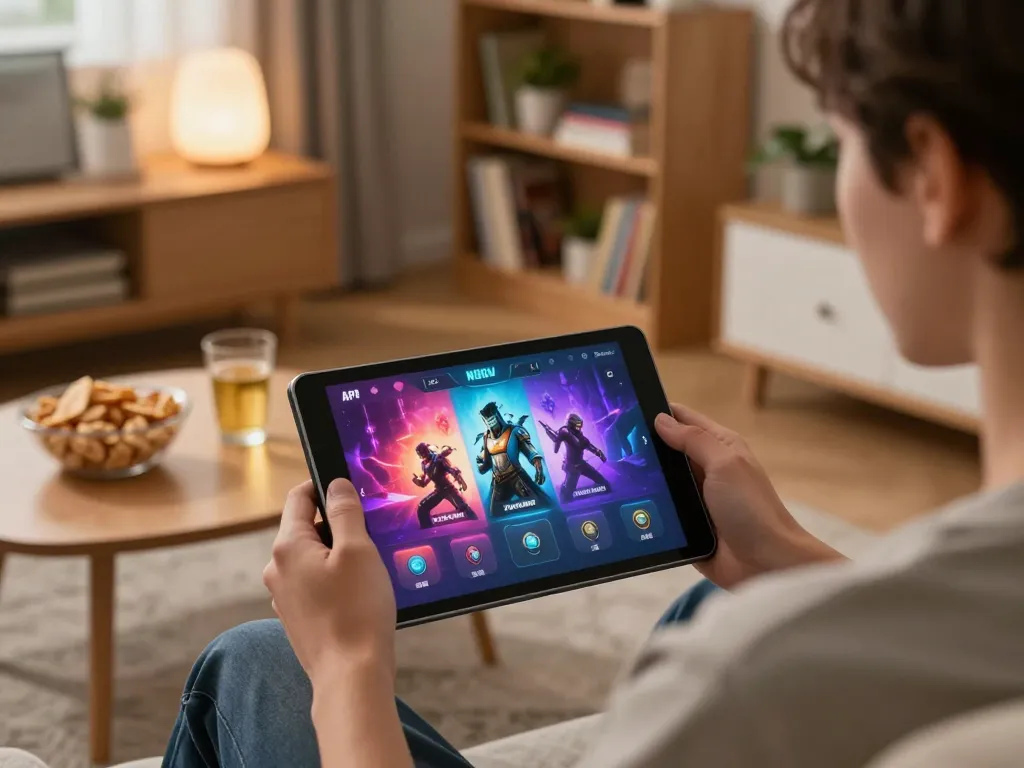 Engaging with NSFW games APK on a tablet in a cozy living room setting, emphasizing responsible gaming.