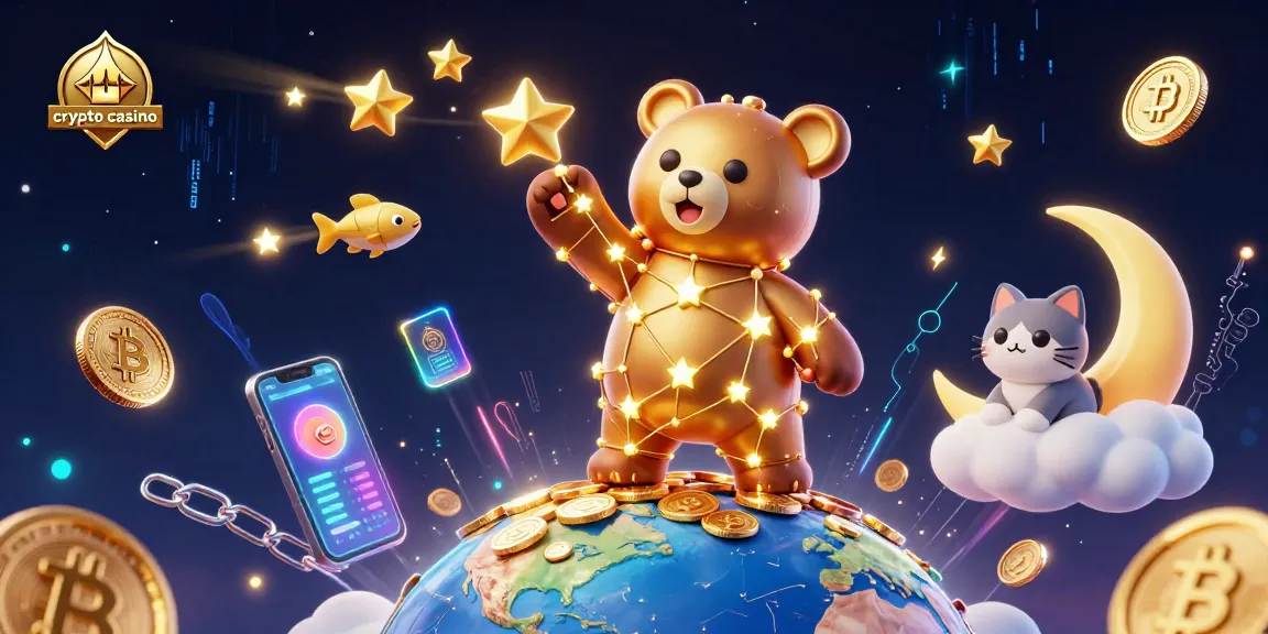 Experience the excitement of a crypto casino with vibrant characters collecting coins amidst blockchain graphics.