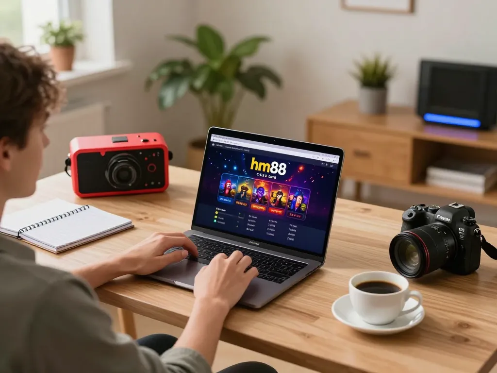 Engaging with hm88 com online casino on a laptop during cozy home gaming session.