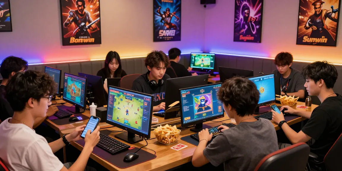 Engaged players enjoying card games online, featuring gamebaidoithuong is in a vibrant and lively gaming lounge setting.