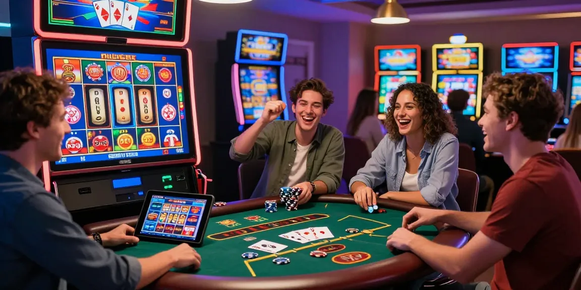 Friends enjoying a lively online casino experience at https://eviz.org.uk, featuring credit card games and vibrant graphics.