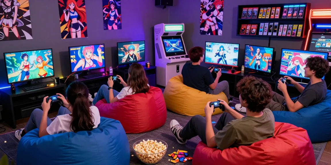 Exciting gaming lounge with friends playing hentai games, colorful decor and snacks, vibrant atmosphere.