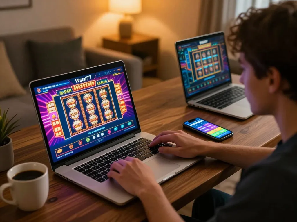 Player enjoying slots on Wstar77 with cozy home setup, engaging in online casino gaming.