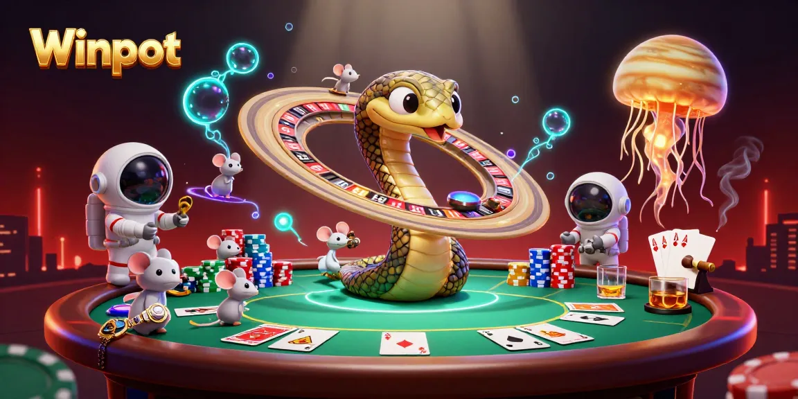 Winpot casino features astronaut mice betting while a Saturn snake deals cosmic roulette.