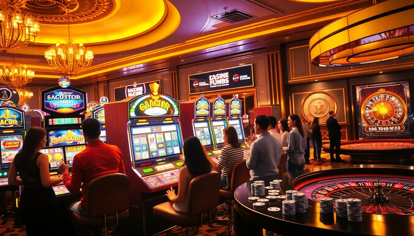 Engaged players enjoy the excitement of a slot gacor machine in a luxurious casino setting.