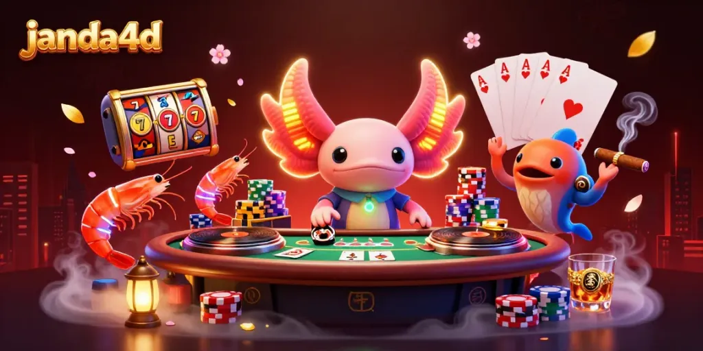 Gambarkan aksi slot di janda4d dengan karakter DJ axolotl neon, udang menari, dan ikan blowfish.