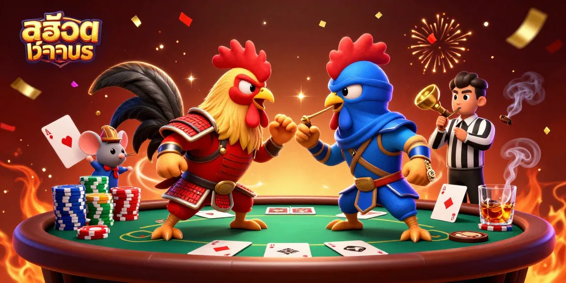 Engage in สล็อตทดลอง with thrilling rooster standoff at a lively poker table amidst vibrant casino elements.