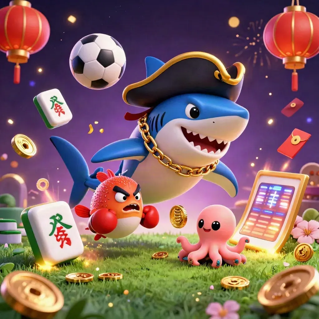 Pirate shark, boxing pufferfish, and coin-juggling octopus amid neon casino sports props.