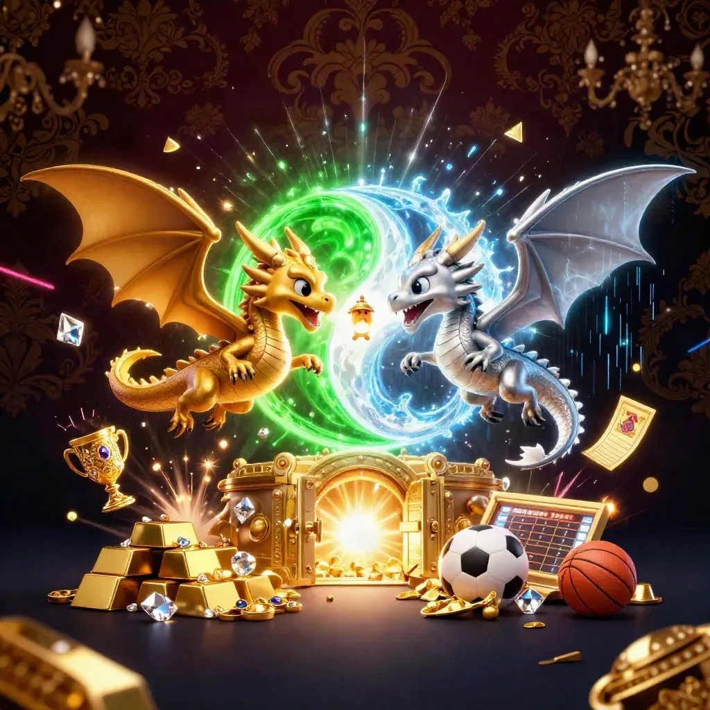 Twin gold and silver dragons swirl around a glowing vault with casino treasures in dark neon luxury.