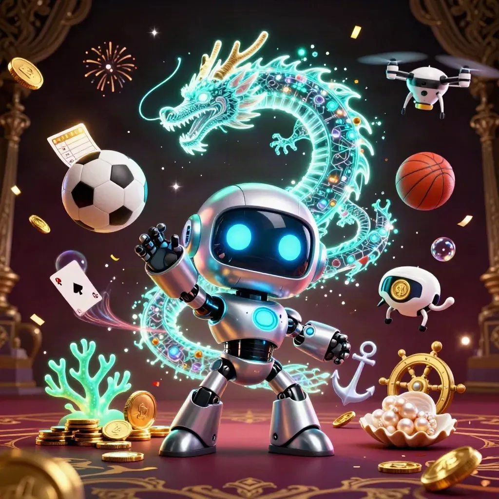 Chrome robot, holographic dragon, and drone amid gold coins, sports balls, and neon casino glow.