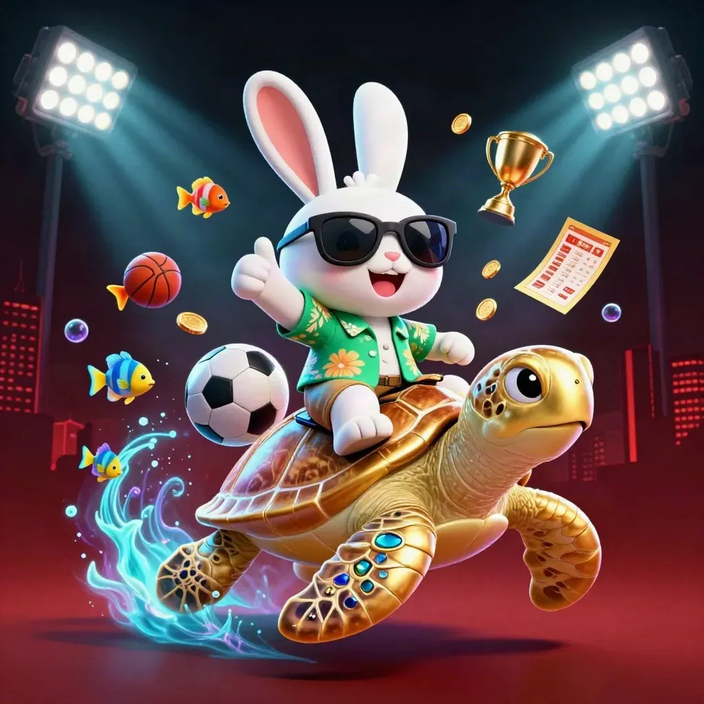 Lucky rabbit on a gold turtle amid sports balls, coins, beams, and neon underwater glow.