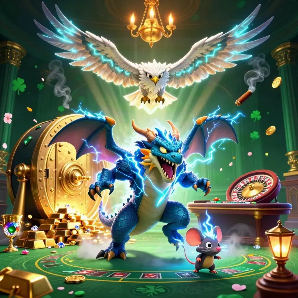 Thunder dragon, wind hawk, and thunder-mouse in a luxe casino vault scene