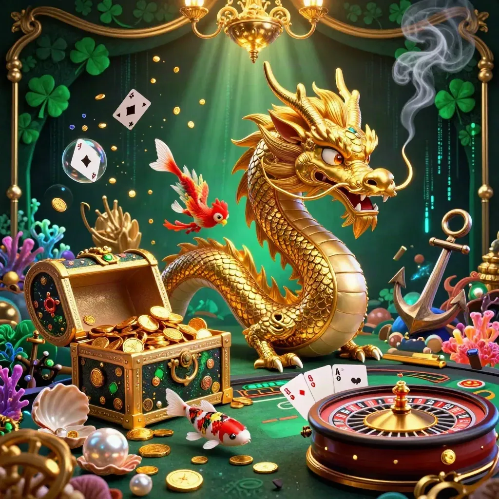 Golden dragon, phoenix, koi and treasure chest amid casino glow, coins, coral and brass.