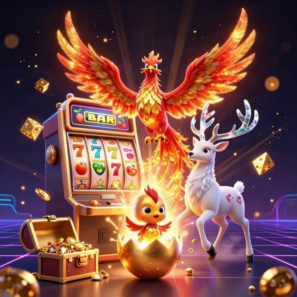 Phoenix trio with casino burst, green glow, gold treasure and dark neon backdrop