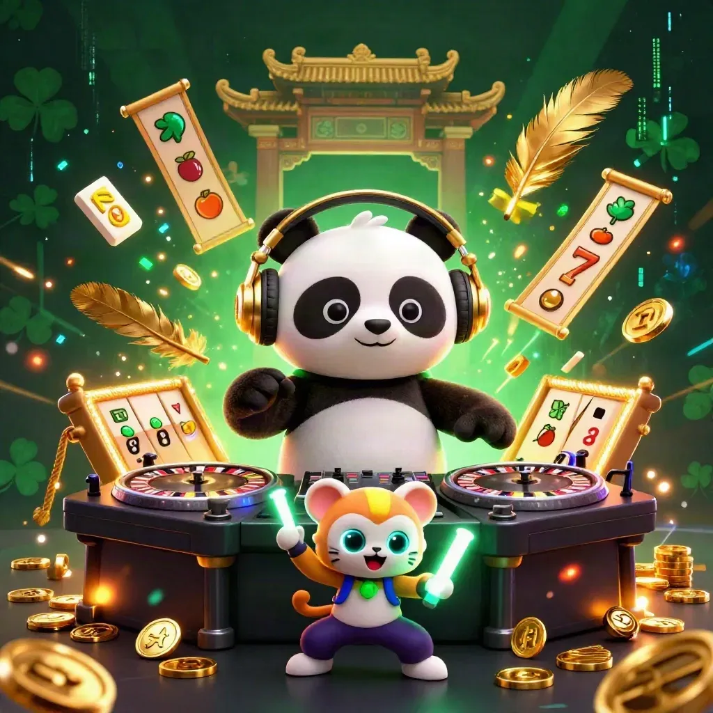 DJ panda, monkey, and glow kitten blast neon casino energy amid treasure and temple relics.