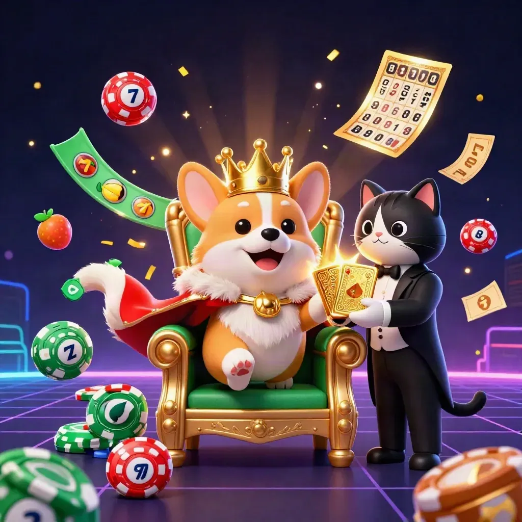 Royal corgi and cat butler amid casino bursts, lottery balls, prize wheel, gold glow