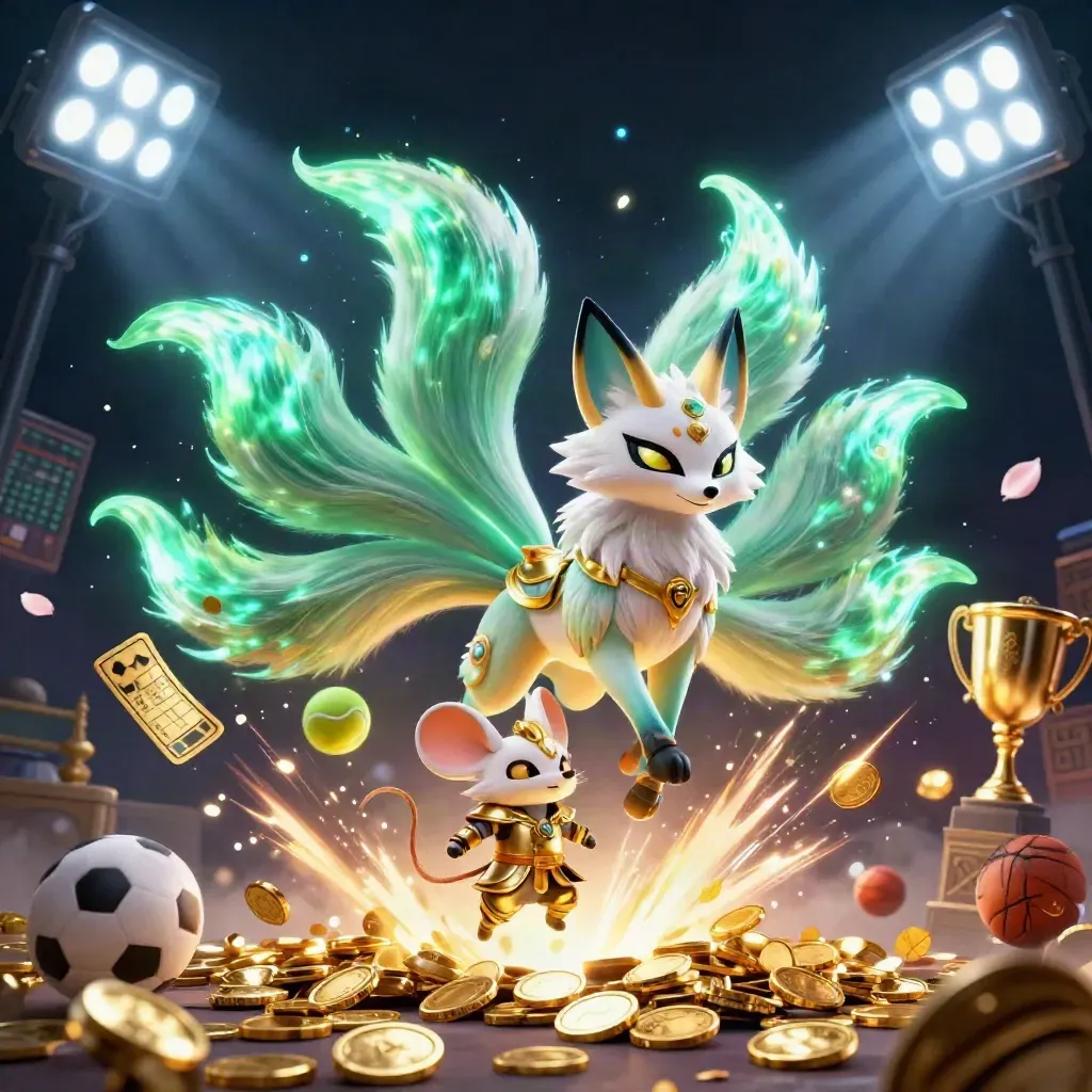 Neon fox spirit, samurai mouse, flying sports balls, coins, trophy, fireworks, and floodlit casino magic.