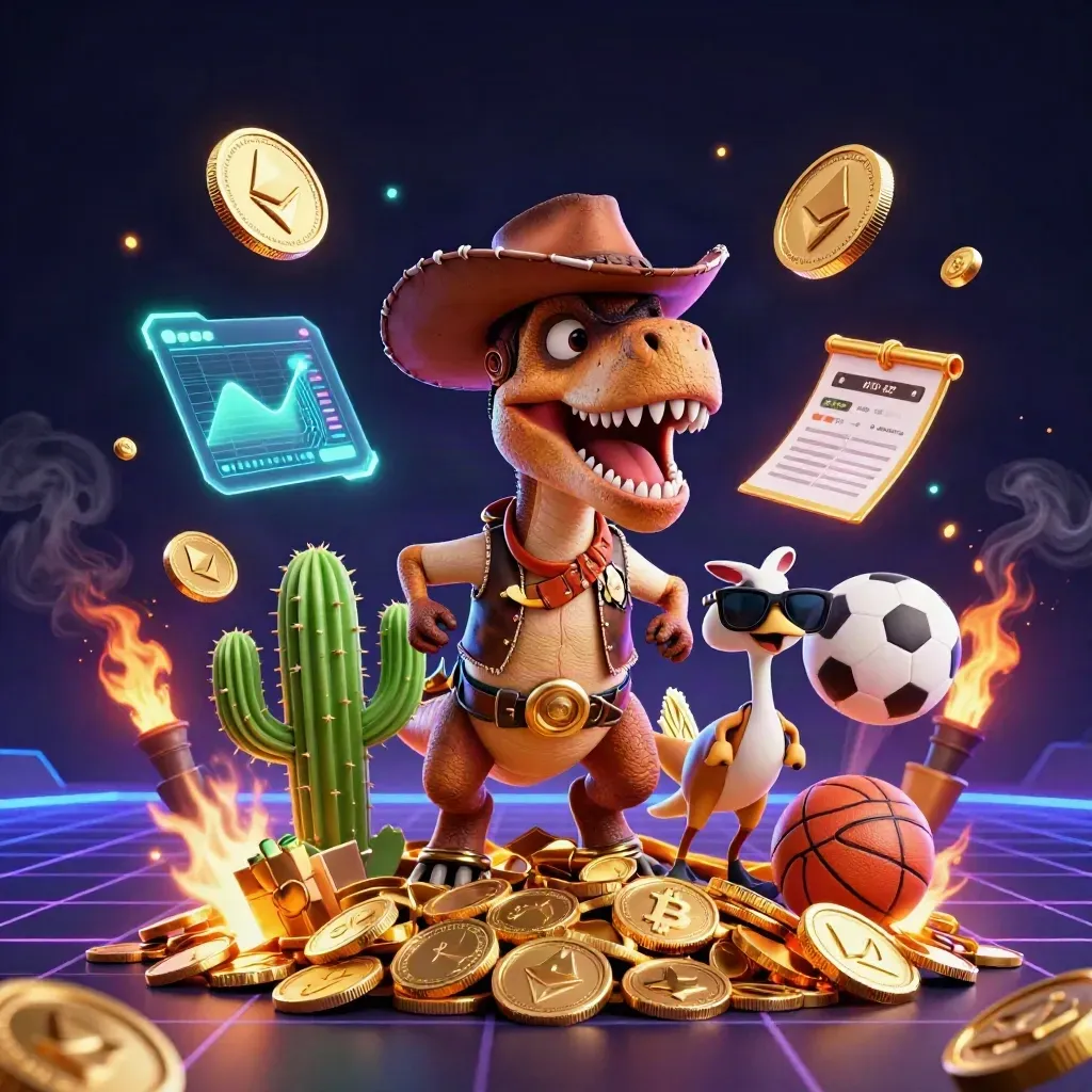 Cartoon T-Rex, cactus, and roadrunner burst amid coins, crypto, fireworks, and sportsbook energy.