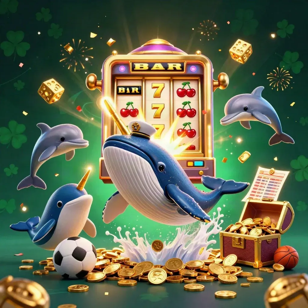 Whale captain, narwhal, dolphins, slot burst, coins, fireworks, and sportsbook symbols in neon gold