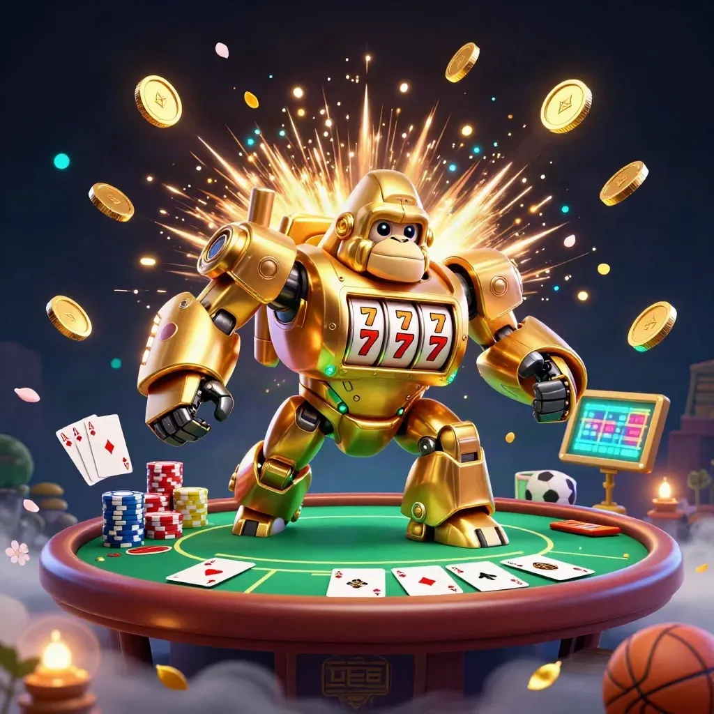 Golden gorilla mech and monkey pilot amid casino loot, fireworks, chips, and sports props