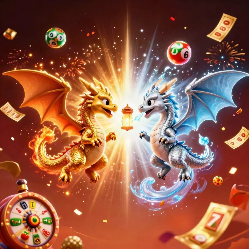 Twin gold and silver dragons form a yin-yang blaze with casino loot swirling around them.