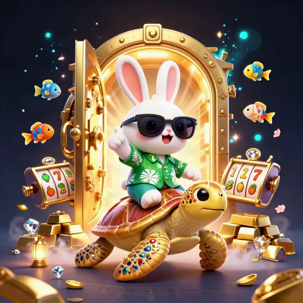 Cartoon rabbit rides a golden sea turtle amid treasure, reels, and glowing casino magic.