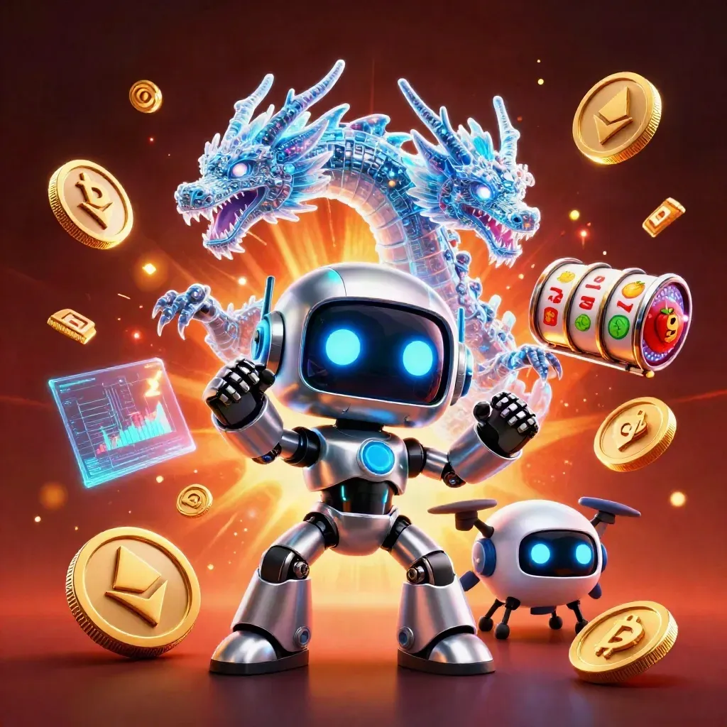 Cyberpunk robot, digital dragon, and coin drone amid casino symbols and glowing effects
