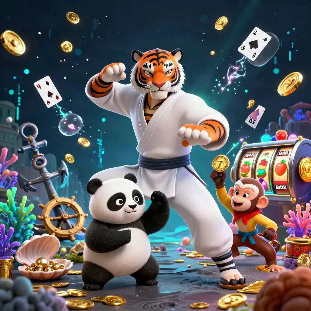 Kung-fu tiger master, panda disciple, and monkey thief amid casino treasure and glowing slot reels
