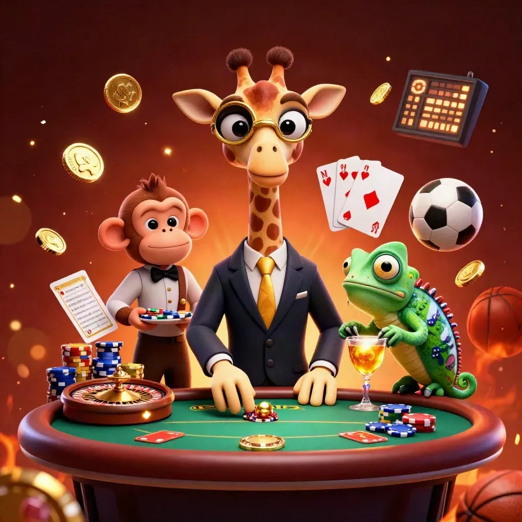 Giraffe, monkey, and chameleon in a casino scene with coins, chips, roulette, and sports gear