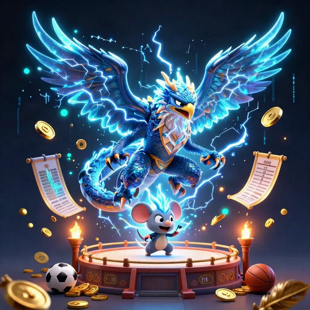 Thunder dragon, wind hawk, and static mouse amid neon sports betting loot and casino glow.