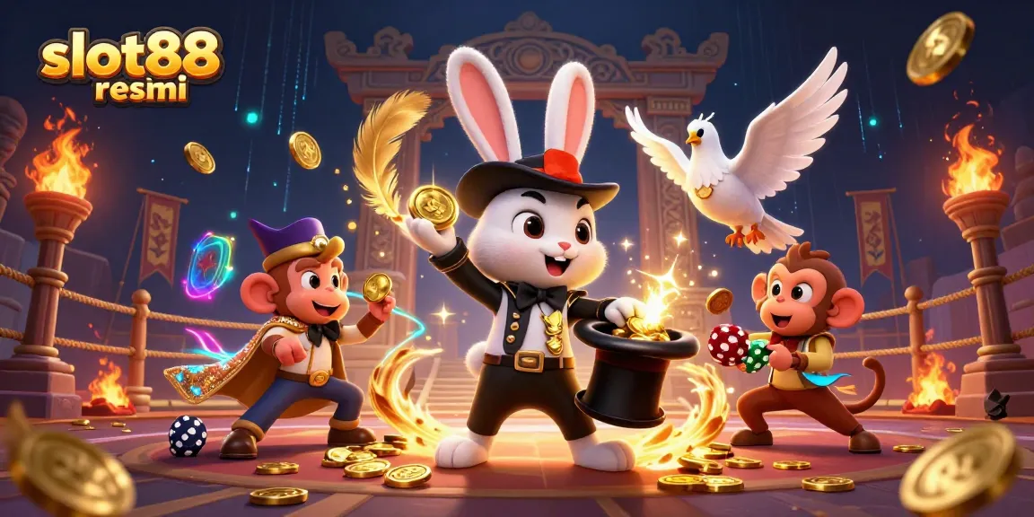 Menangkan jackpot di slot88 resmi dengan ilustrasi kasino yang penuh keseruan dan elemen aktif.