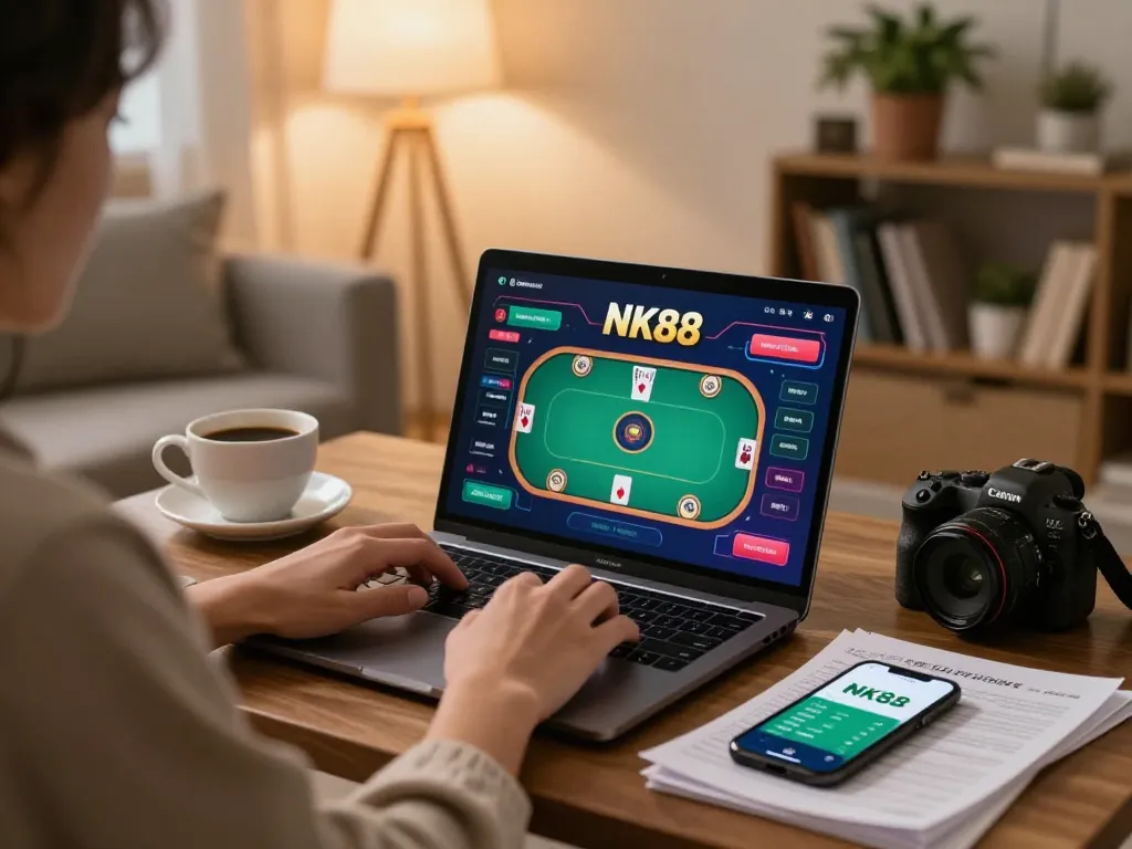 Engaging in NK88 bet from home while strategizing on a laptop with friendly atmosphere.