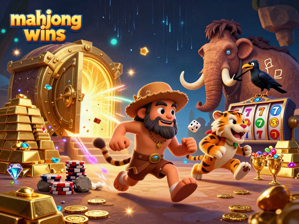 Experience mahjong wins in a vibrant prehistoric casino scene with dazzling treasures and engaging gameplay.