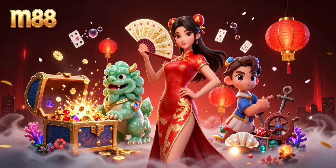 M88 offers thrilling gaming experiences with a stunning woman in qipao, jade lion guardian, and exquisite casino elements.