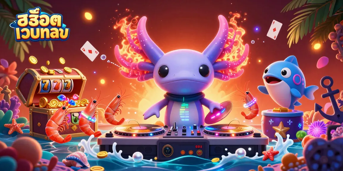 Win big with สล็อตเว็บตรง in this vibrant 3D casino illustration featuring DJ axolotl.