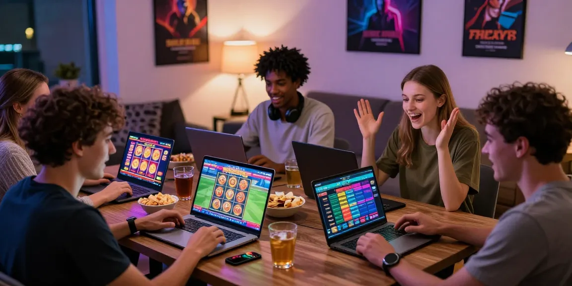 Engaged group exploring non UK casinos with laptops and games in a lively home setting.