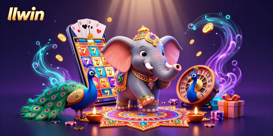 Engage in thrilling slot games with llwin as the cheerful elephant plays amidst vibrant casino elements.